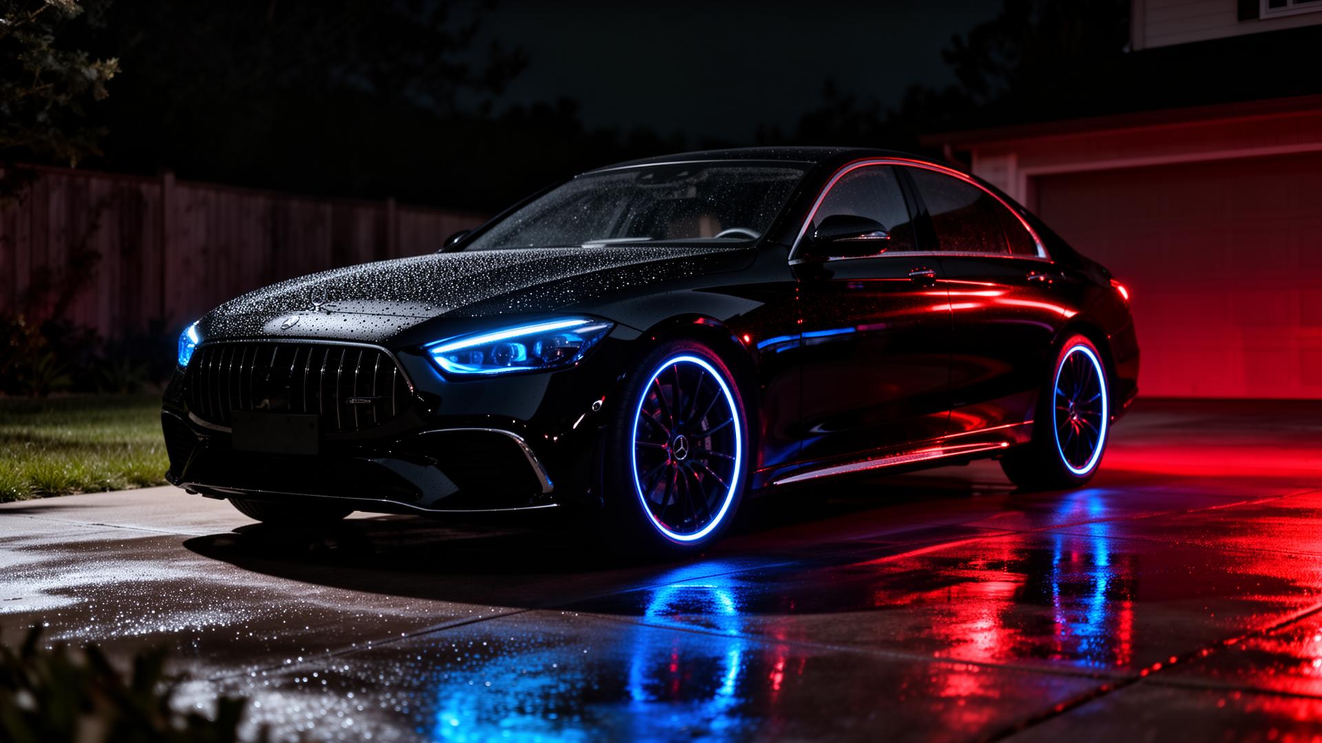 Detailed black luxury sedan at night